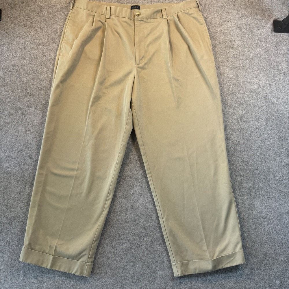 Izod Pleated Chino Pants 40/29 Khaki Tan 100% Cotton Relaxed Fit